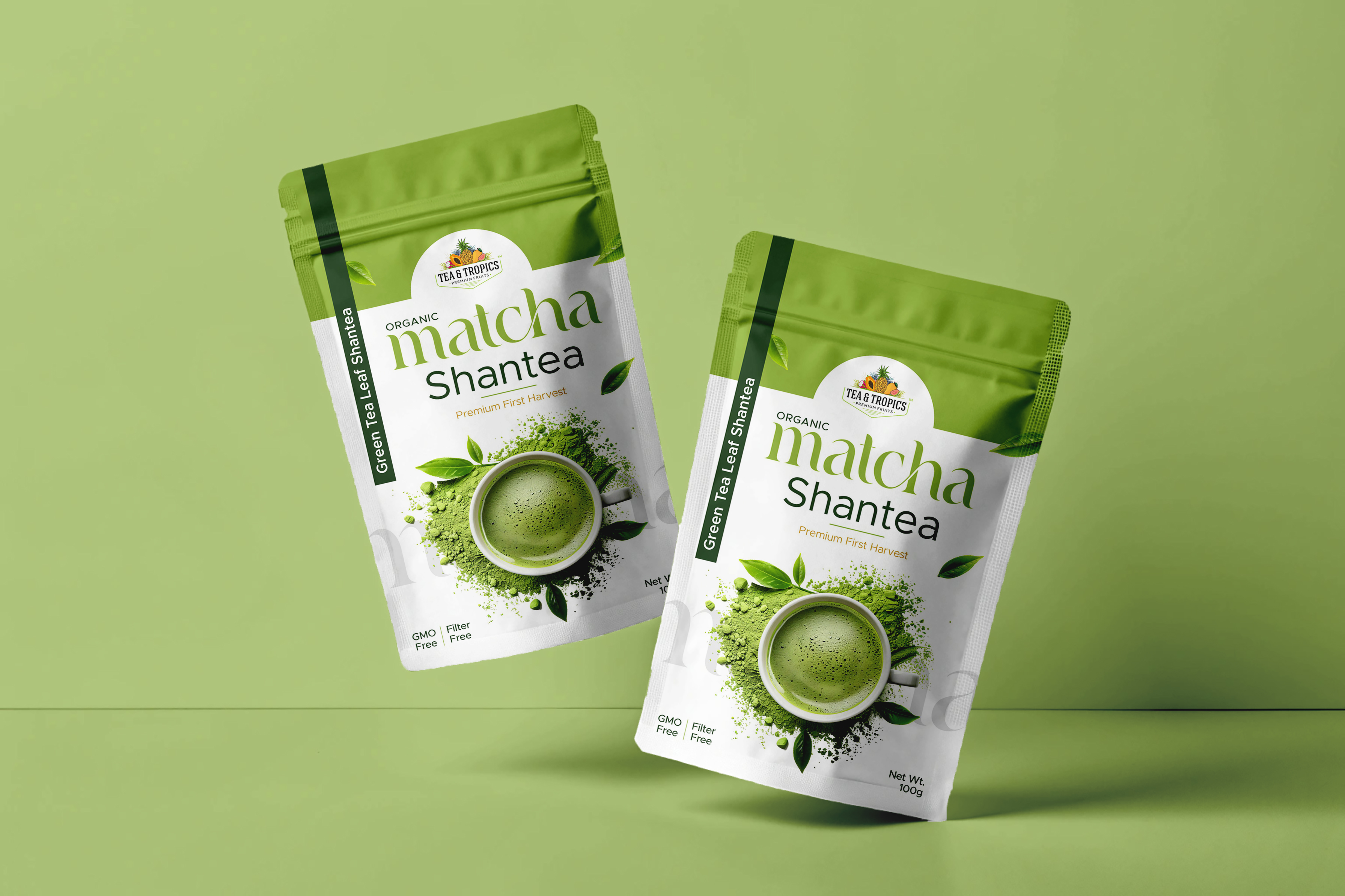 Tea & Tropics Matcha Shantea pouches on a green background